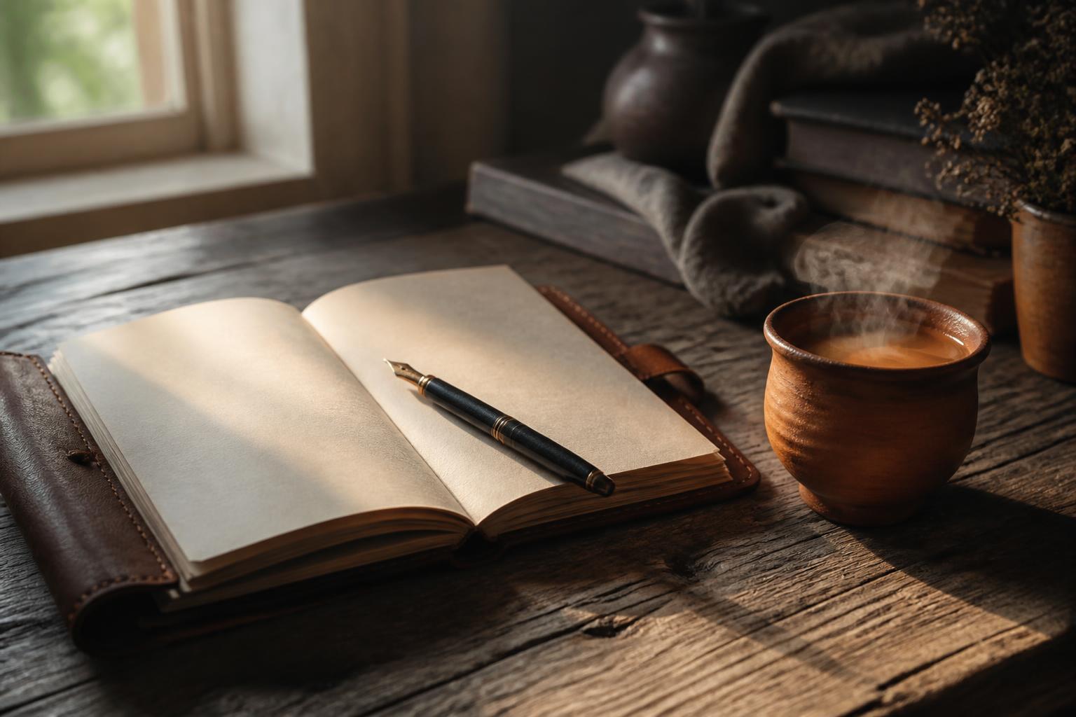 An open notebook with a fountain pen and a steaming cup of tea on a wooden table